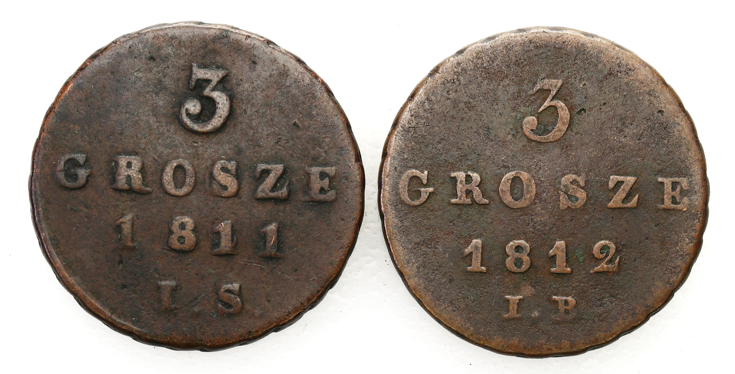 Księstwo Warszawskie. 3 grosze (trojak) 1811 IS, 1812 IB, Warszawa, zestaw 2 monet